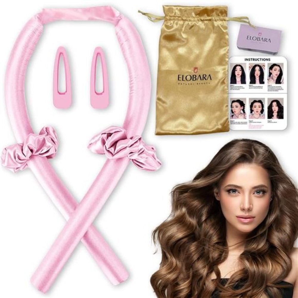 Heatless Hair Curler for Long Hair with Hair Claw Clip-Curling Ribbon (Pink)